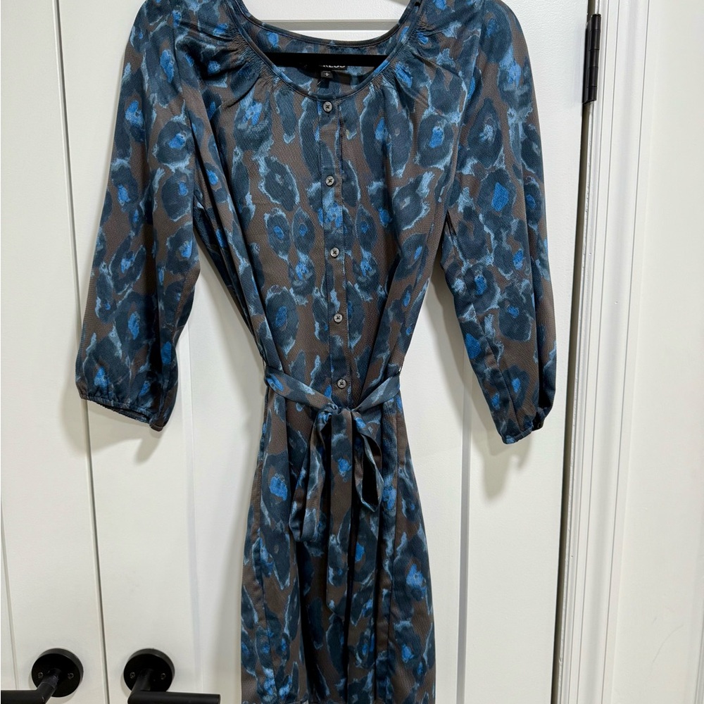 Express Blue and Black Sheath Dress with Bishop Sleeves